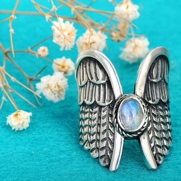 Hand Crafted Jewelry Vintage Feather Ring Moonstone Jewel Angel Wings Ring Sz 6 Poshmark